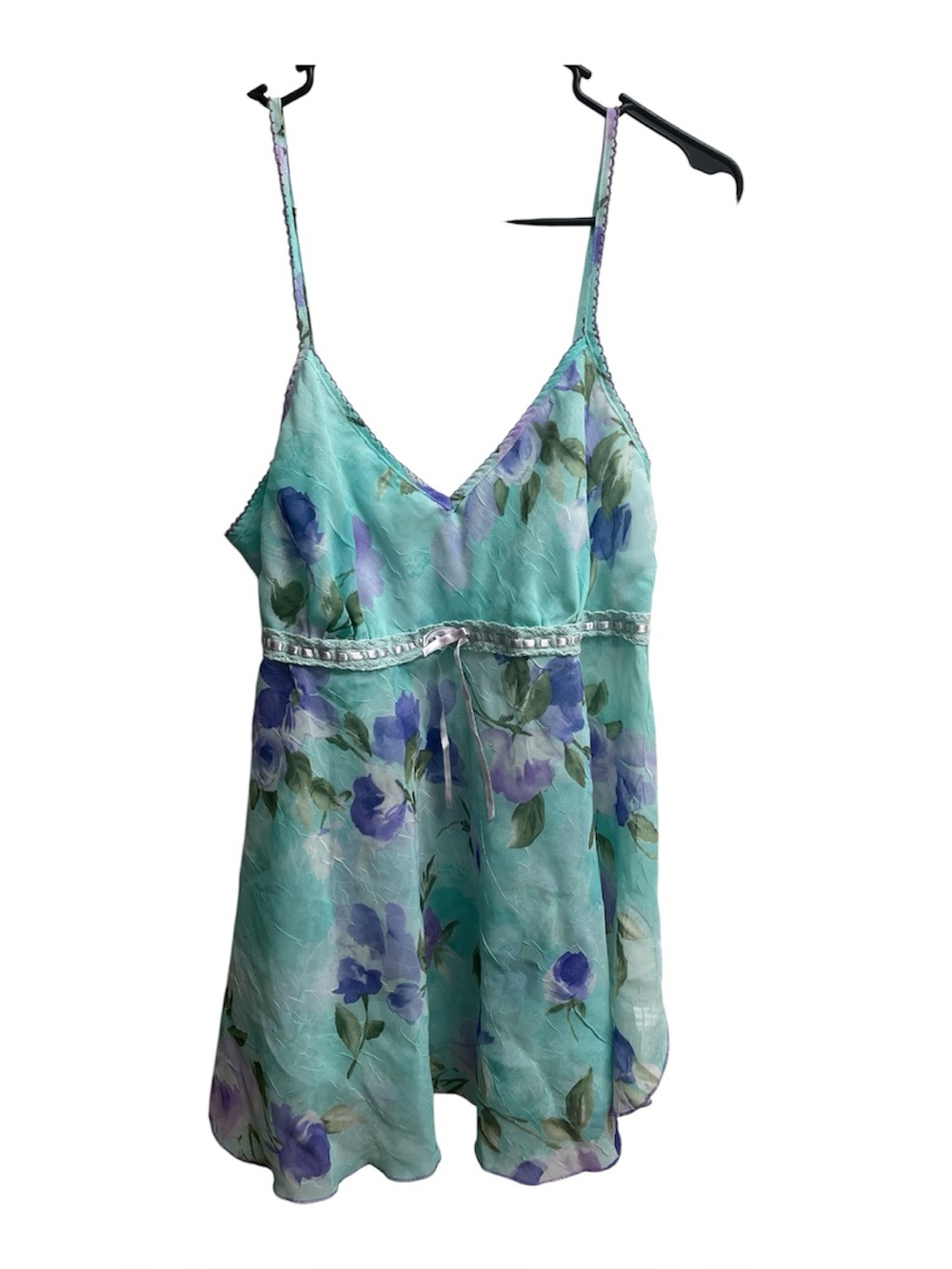 VTG Teal Purple Floral Lace Crepe Ribbon Empire Waist Flutter Hem Slip Cami SZ L